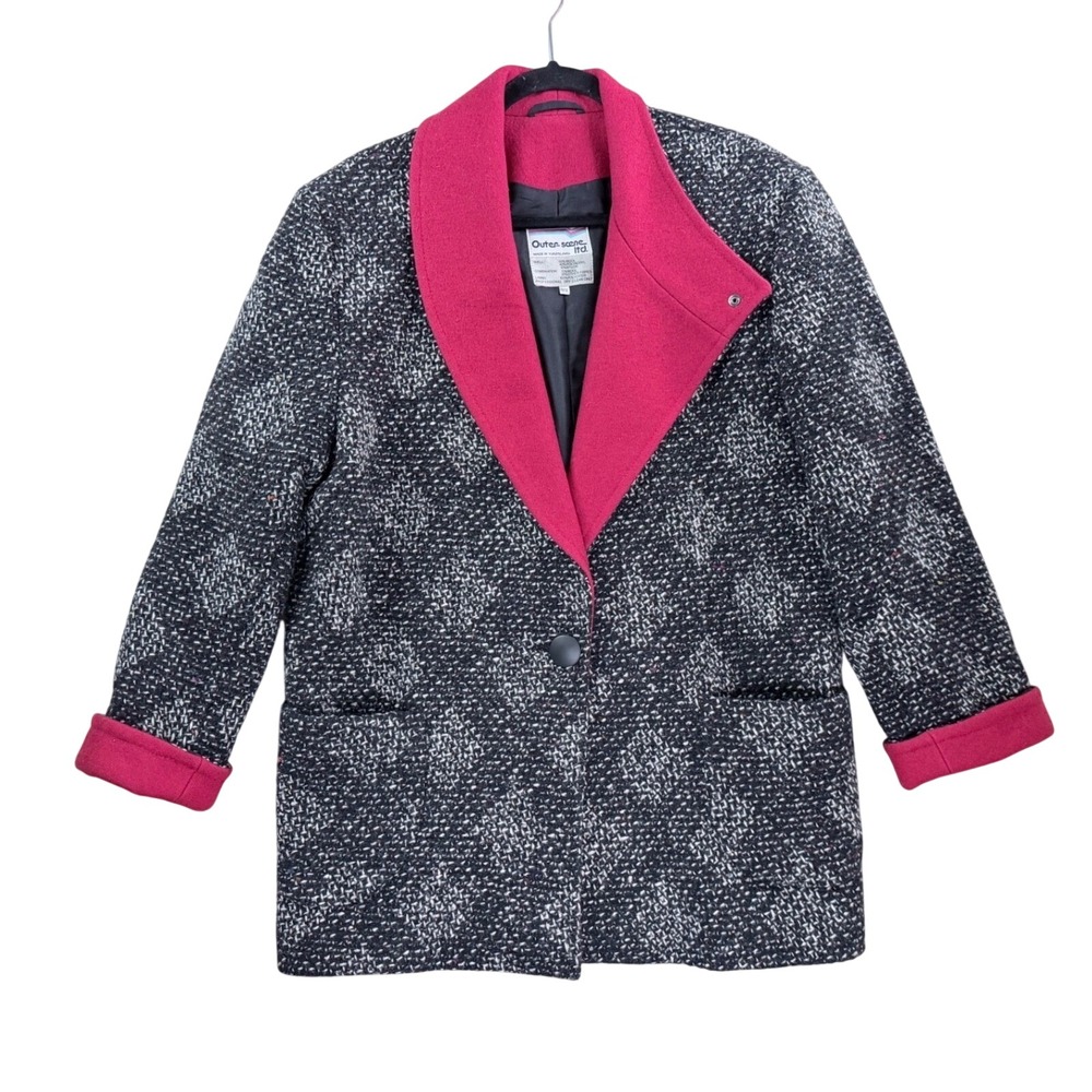Outer Scene Ltd Wool Tweed Blazer Women 11/12 Pink Black Excellent Vintage Coat